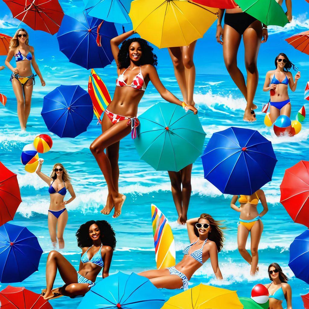 A vibrant summer beach scene showcasing diverse models wearing the latest bikini styles, with colorful beach umbrellas and clear blue skies in the background. Include playful elements like beach balls and surfboards, while capturing the essence of summer joy and relaxation. Bright, sunny atmosphere with sparkling ocean waves. tropical vibe. super-realistic. vibrant colors.
