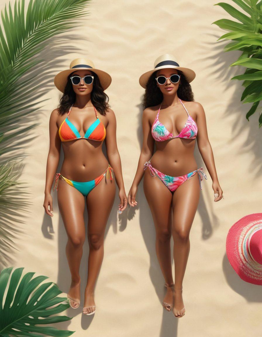 A sun-kissed beach scene featuring a diverse group of women showcasing various chic bikini designs, with vibrant tropical plants in the background and soft sand underfoot. The women exude confidence and joy, highlighting the essence of tropical escapes. Include beach accessories like sunglasses and hats to enhance the summer vibe. bright colors. 3D. hyper-realistic.